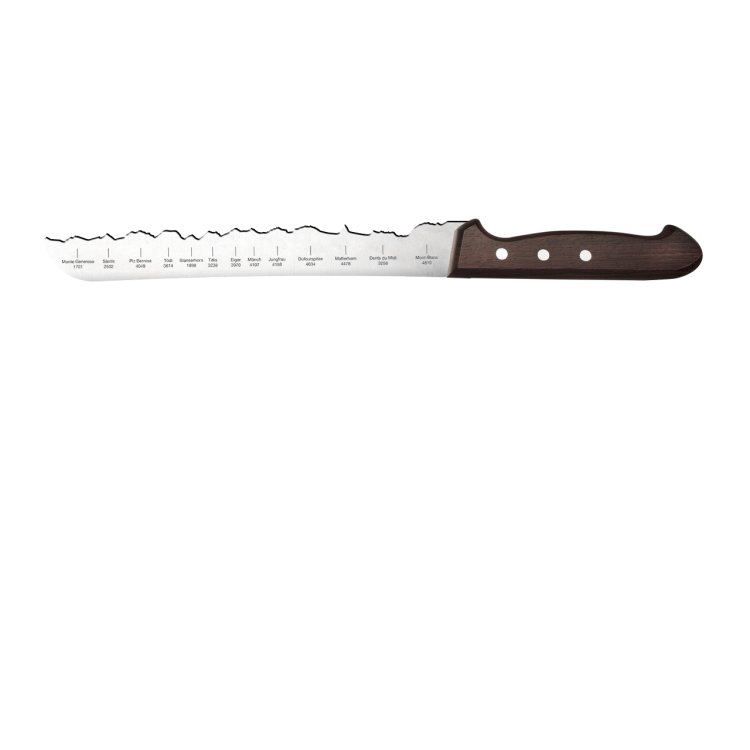 PanoramaKnife Brotmesser mit Berpanorama in Klinge eingeschliffen schwebend auf einem weissen Hintergrund