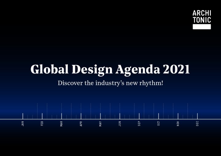 Global Design Agenda Timeline in Weiss auf blau-schwarzem Hintergrund
