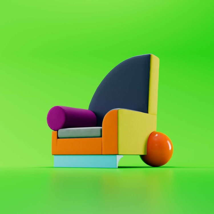 Knallig-bunter Sessel mit runden Formen auf grünem Hintergrund