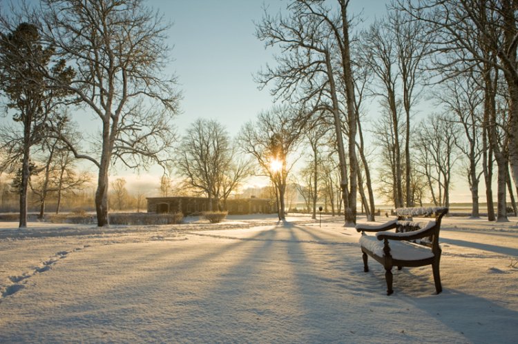 Der winterliche Garten des Gutshofs Pädeste verzaubert mit schneebedeckter Landschaft.