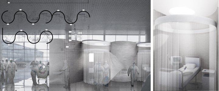 Visualisierung und Grundriss der temporären Umnutzung des Berliner Flughafens in ein Spital für Covid-19-Patienten.