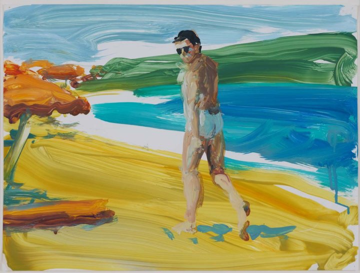 Gemälde eines Herren der durch den Sand schlendert und eine weisse Badehose und schwarze Sonnenbrillen trägt.