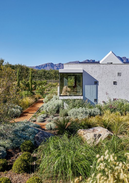 Ein modernes Haus mit Flachdach und einem grossen Eck-Panoramafenster steht inmitten eines üppig begrünten Gartens in Südafrika.