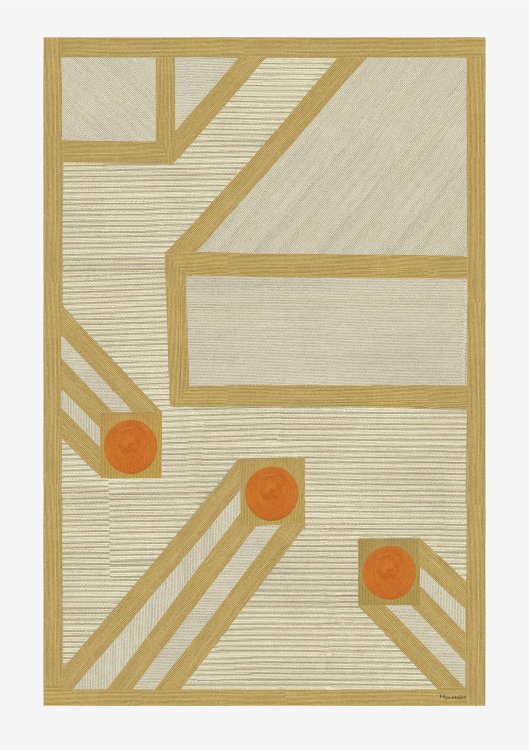Teppich Tremplin von Hermès mit graphischem Muster aus aufgestickten Kordeln in Ocker und Orange.