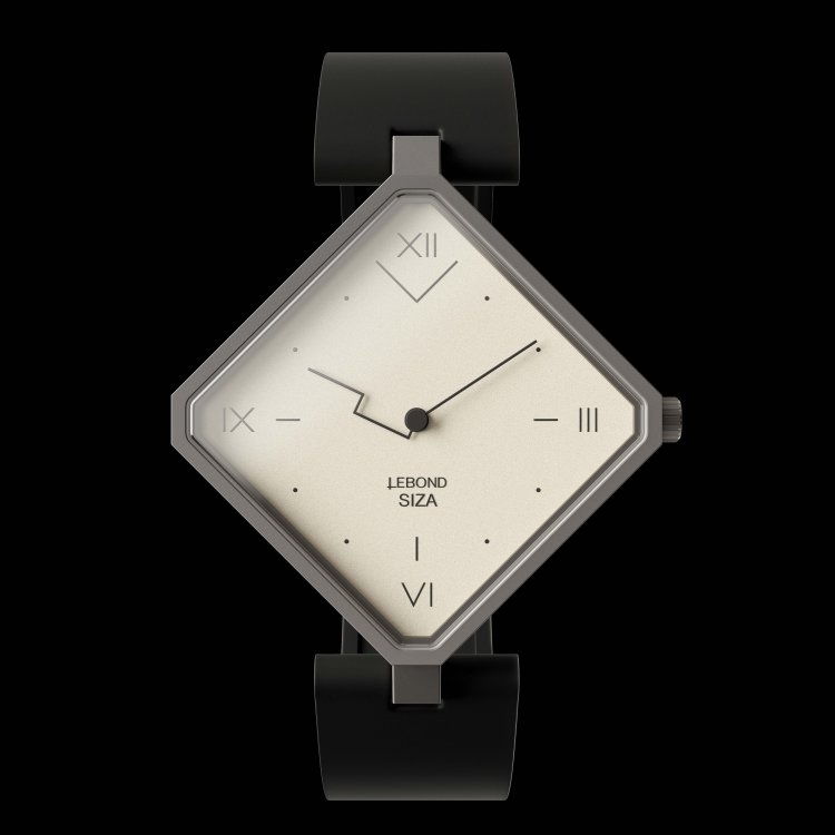 Die Uhr Siza von Alvaro Siza für Lebond hat ein Diamantförmiges, weisses Ziffernblatt und ein schwarzes Kautschukarmband.
