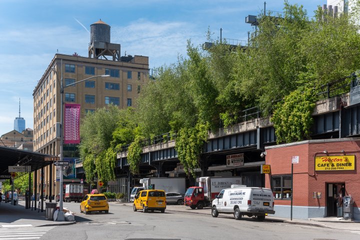 Sicht von der Strasse auf die zugewachsene High Line in Chelsea, New York.