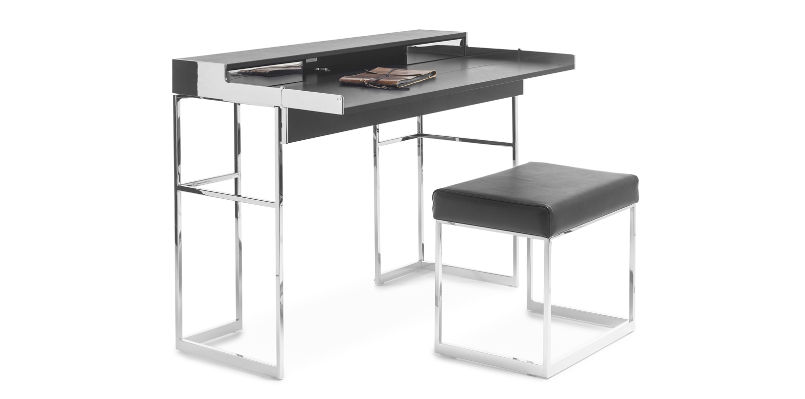 Magic Desk  mit Hocker aus Edelstahl und schwarzem Leder